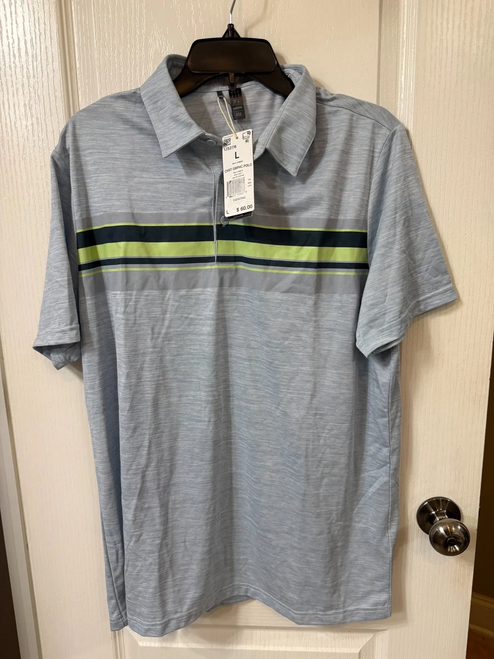 Adidas Men's Golf Polo Size Large Light Blue With Navy And Lime Stripe Detail
